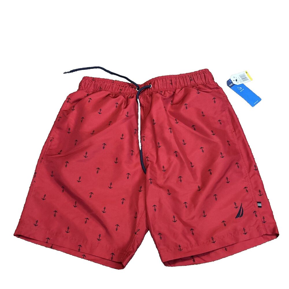 NEW NWT Nautica Swim Shorts M Red Sailboat Print Performance Quick Dry Trunks